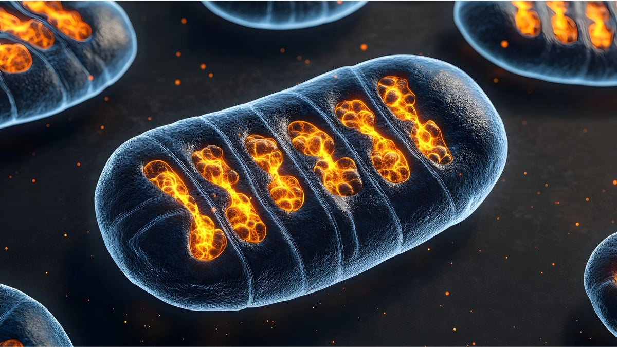 Representación de una mitocondria activa generando energía, destacando la función mitocondrial en la producción de ATP y vitalidad celular.