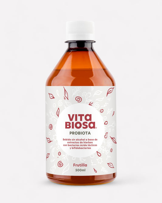 Probiotico, prebiotico y posbiotico liquido de formula danesa. Libre de gluten, lacteos y sin azucar añadida. Sabor frutilla