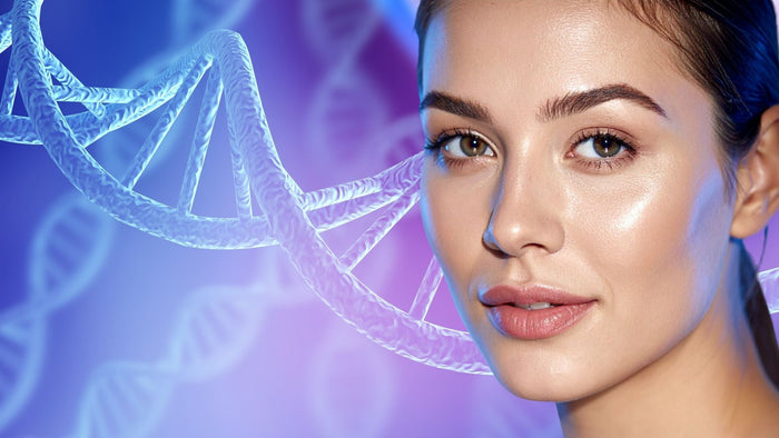 Rostro de mujer con fondo de ADN representando la longevidad, la salud celular y la ciencia del envejecimiento.