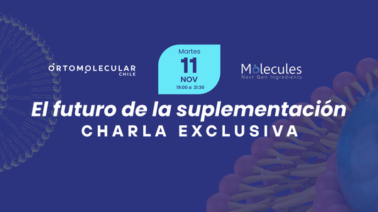 Afiche oficial de la charla "El futuro de la suplementación", organizada por Ortomolecular Chile y Molecules Group en el Hotel Noi Vitacura.