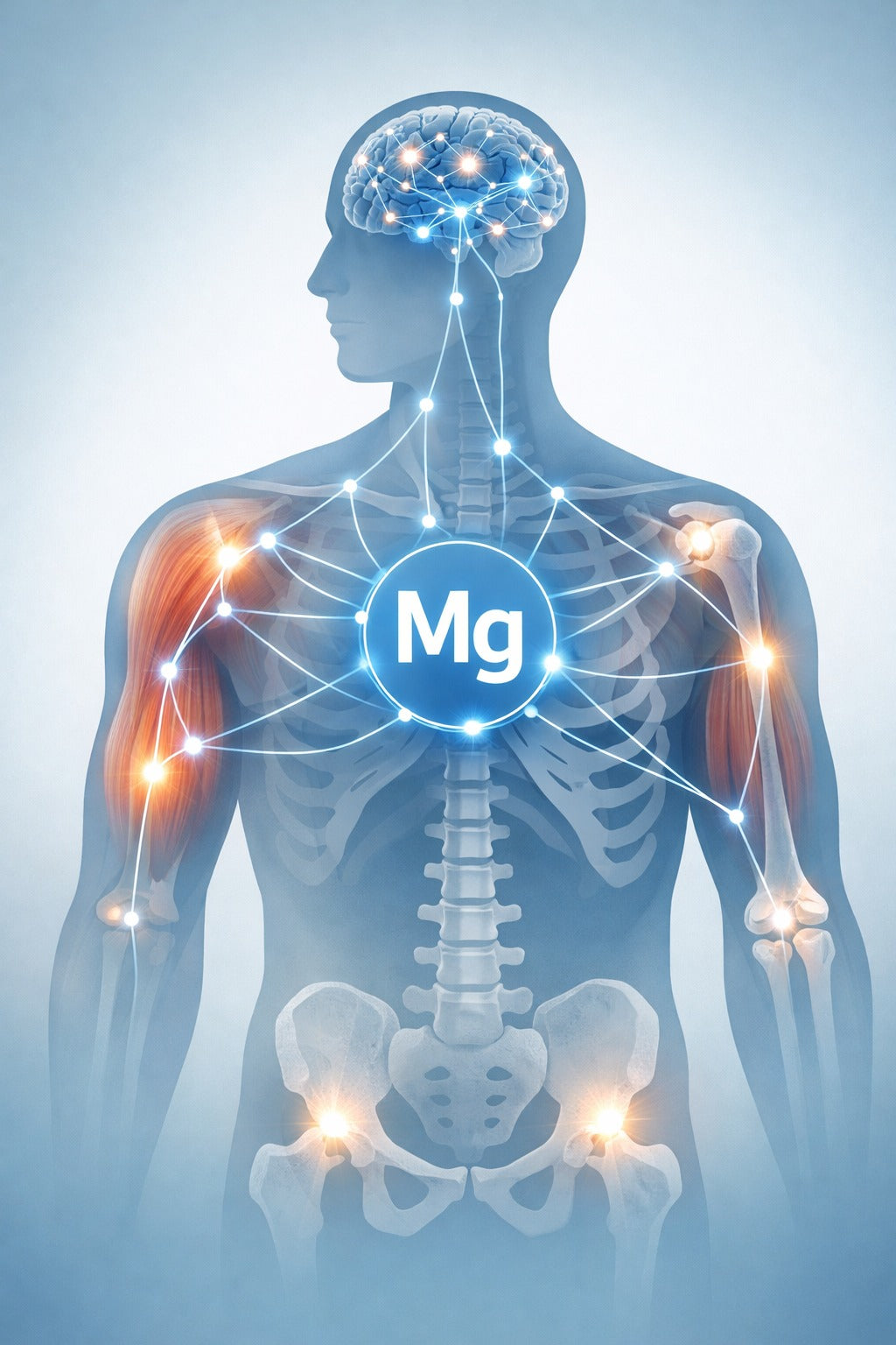 Ilustración conceptual del magnesio y su función en el sistema nervioso, muscular y óseo.