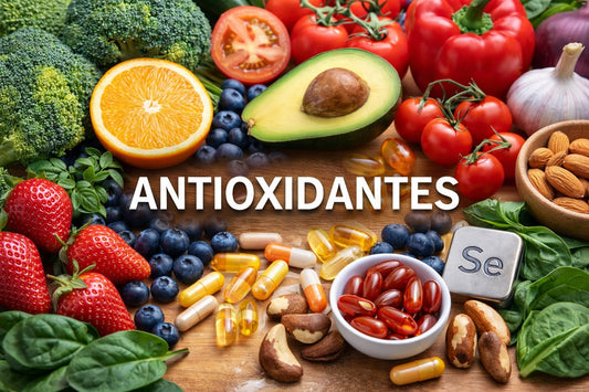 Antioxidantes representados en frutas, vegetales y cápsulas 