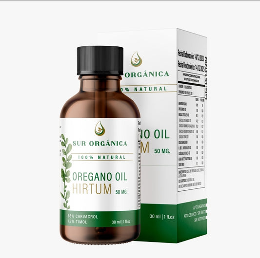 Aceite de oregano en gotas, se muestra el frasco de vidrio de 30ml y la caja 