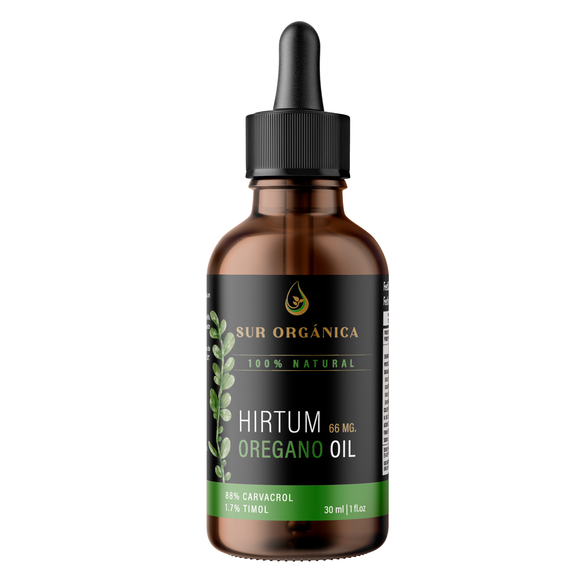 Frasco de vidrio con gotero de aceite de oregano con 88% de carvacrol, ideal para eliminar candidiasis. Compralo en Ortomolecular chile de la marca Sur organica