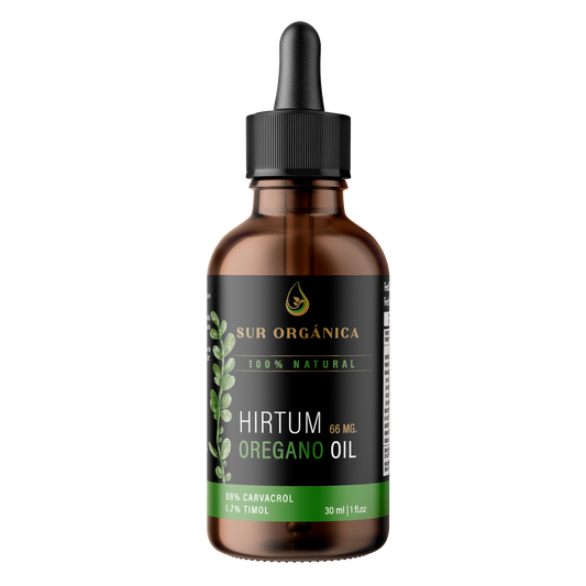 Frasco de vidrio con gotero de aceite de oregano con 88% de carvacrol, ideal para eliminar candidiasis. Compralo en Ortomolecular chile de la marca Sur organica