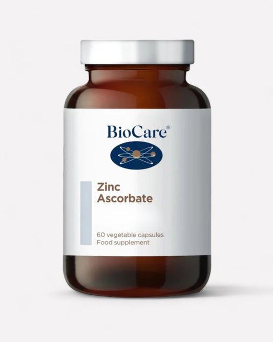 Frasco de vidrio de Ascorbate Zinc, 60 cápsulas vegetales, Ortomolecular Chile