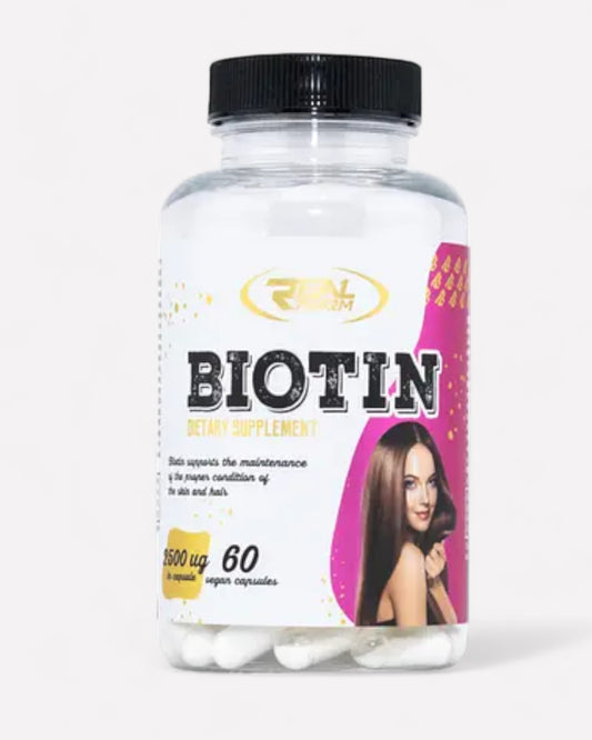 Frasco de biotina 1500mg de 60 capsulas, vendido por ortomolecular chile, marca real pharma
