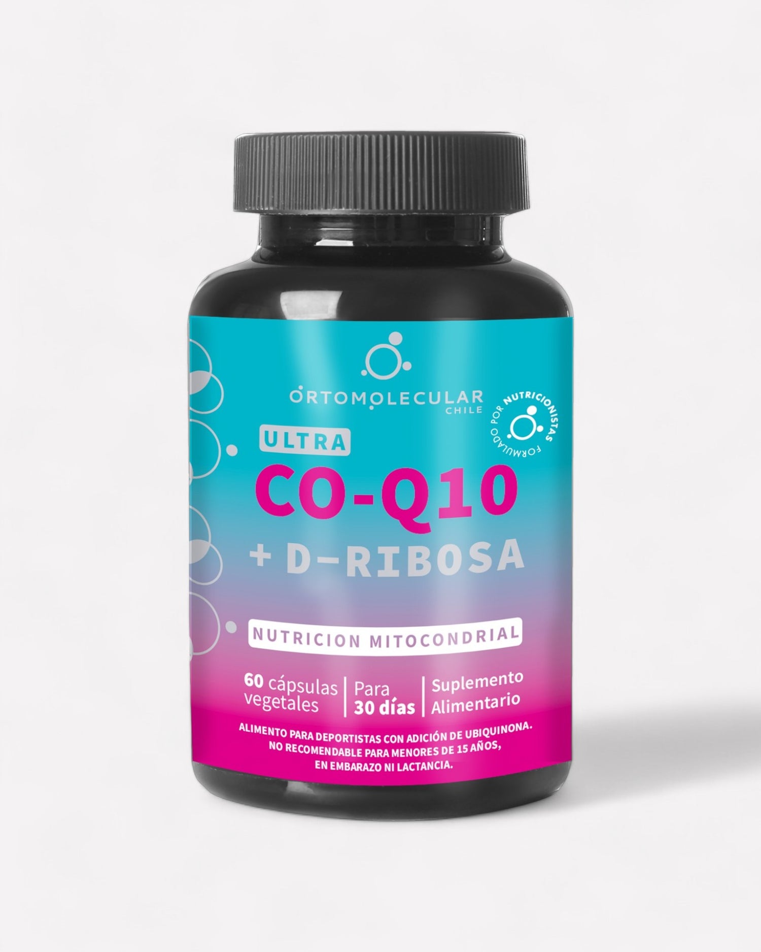 Frasco de Coenzima Q10 + D-Ribosa, 60 cápsulas, Ortomolecular Chile 