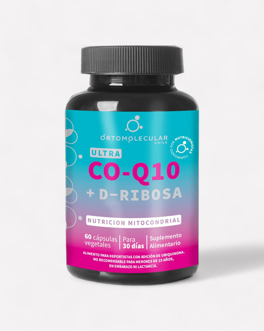 Frasco de Coenzima Q10 + D-Ribosa, 60 cápsulas, Ortomolecular Chile 