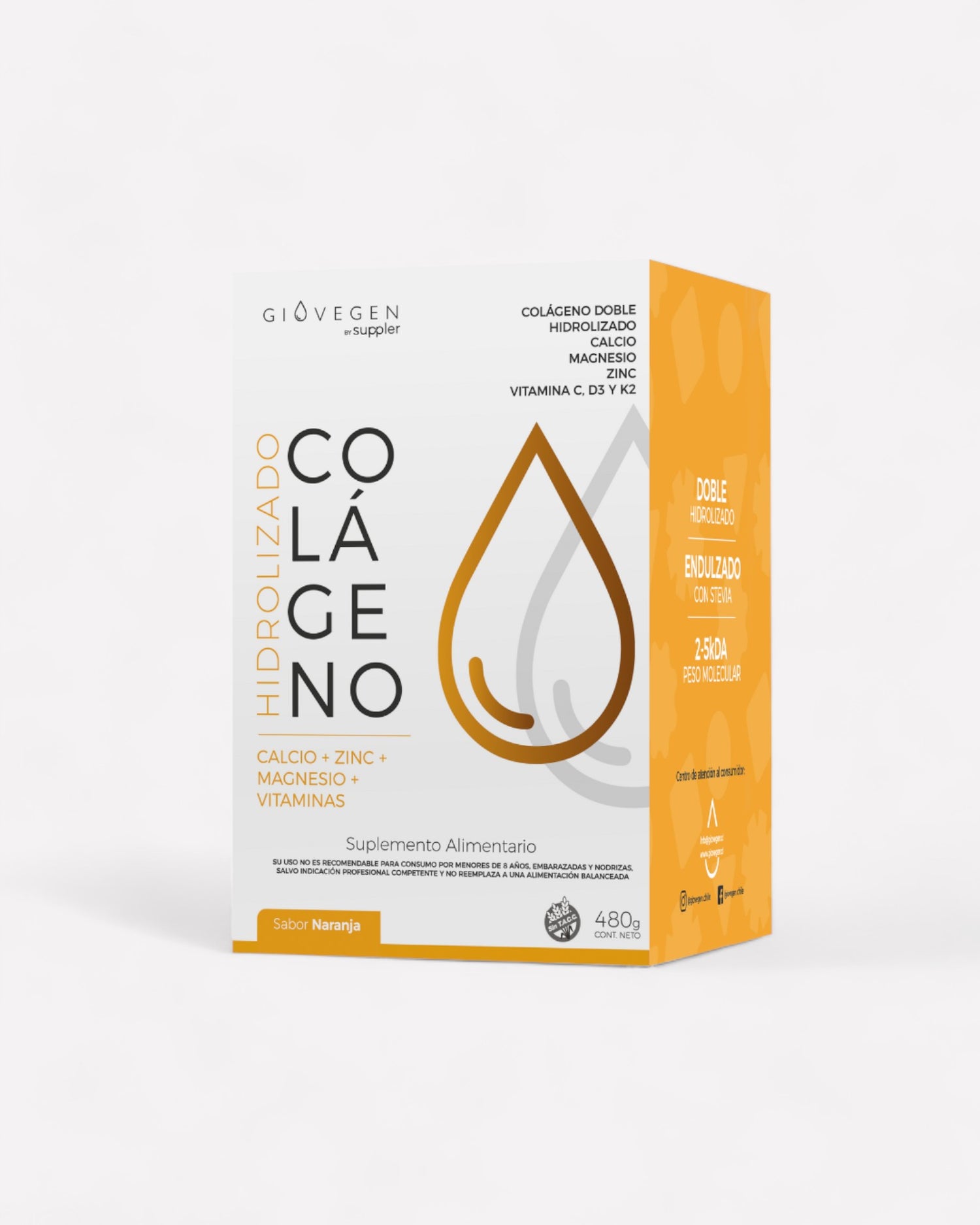 Caja de Colágeno hidrolizado Ca+Zn+Mg+Vitaminas, 30 sobres, Ortomolecular Chile 