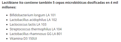 Composición de Lactibiane ITO Niños, 30 sobres, Ortomolecular Chile 