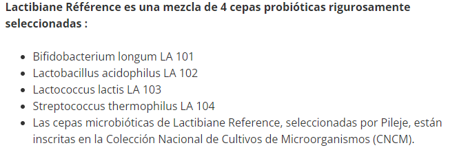 Información de la composición de Lactibiane Reference, 30 cápsulas, Ortomolecular Chile 