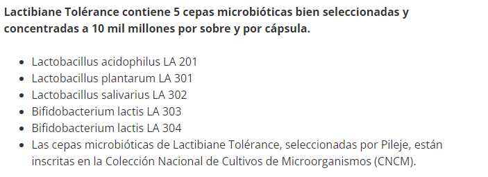 Composición de Lactibiane Tolerance, 30 cápsulas, Ortomolecular Chile 