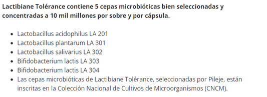 Composición de Lactibiane Tolerance, 30 cápsulas, Ortomolecular Chile 