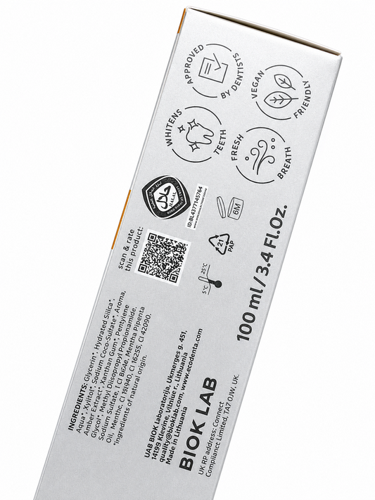 Pasta dental blanqueadora con extracti de ambar, aprovado por dentistas, vegano, aliento fresco, sin fluor