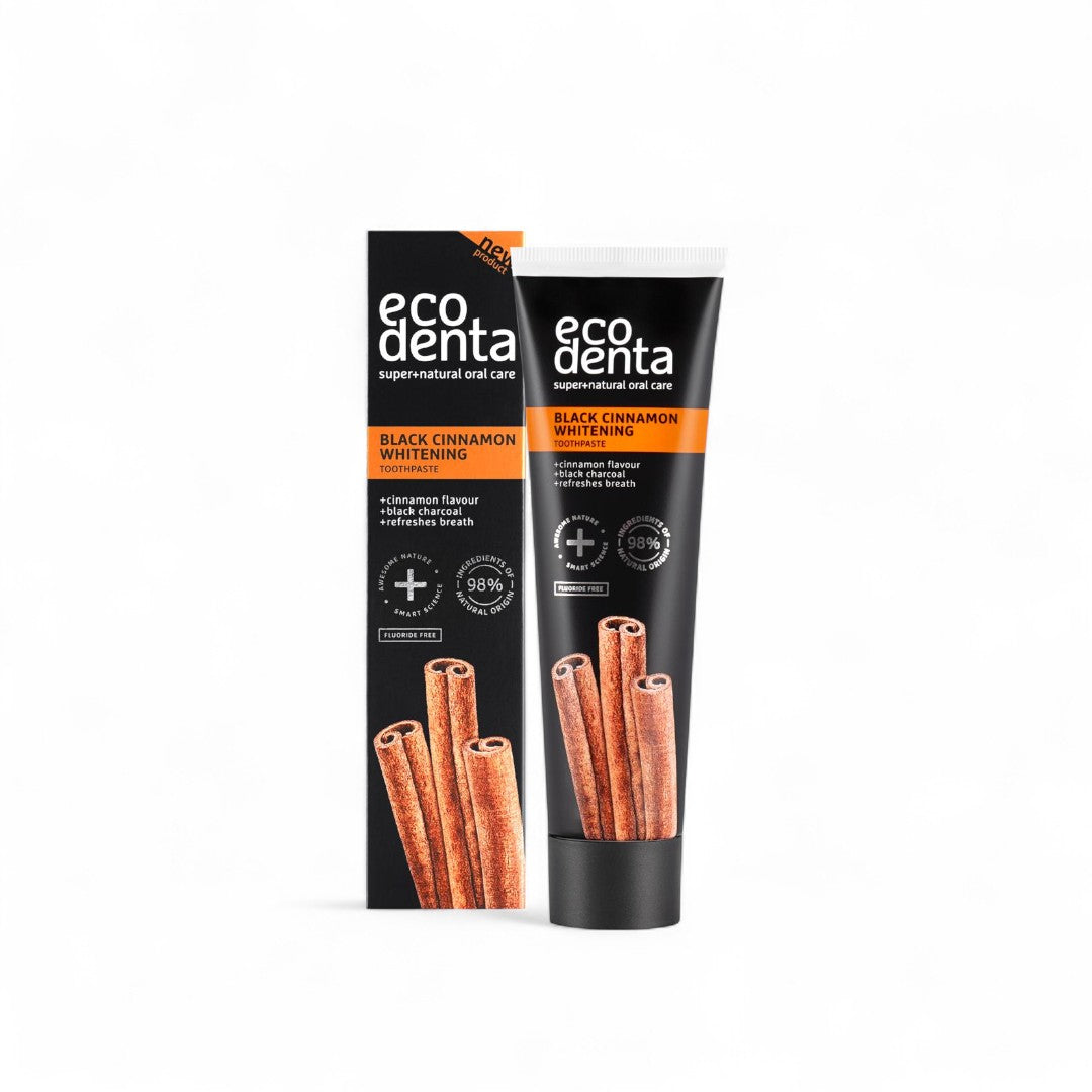 pasta dental de carbon activado con canela, vegano, aprovado por dentistias, ingredientes 99% de origen natural, antiplaca, blanqueamiento natural, sin fluor