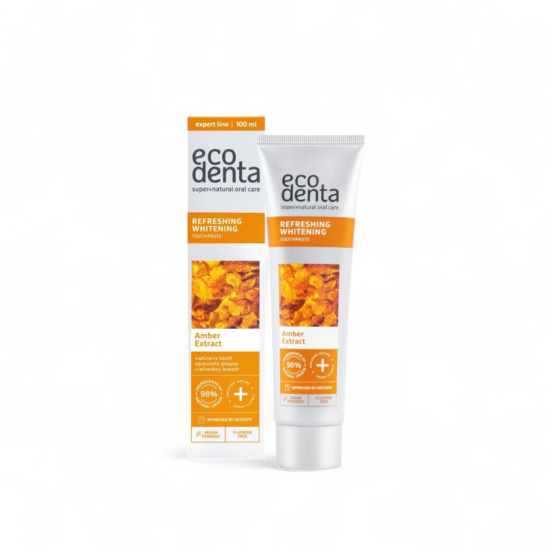 Caja de Ecodenta con pasta dental blanqueadora con extracto de ámbar, 100 ml, Ortomolecular Chile, blanqueadora