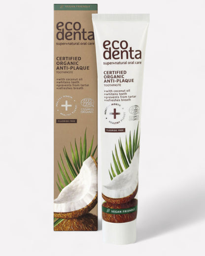 Caja de Ecodenta con pasta dental anti placa, 75 ml, Ortomolecular Chile, coco, sin fluor, origen natural