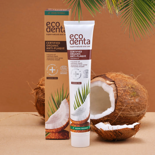 pasta dental organica de coco, blanquedor natural, aliento fresco, previene la formacion de placa, aceite de coco, vegano, sin fluor, origen natural