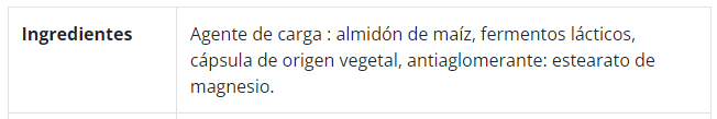 Especificación de ingredientes Lactibiane ATB, 10 cápsulas, Ortomolecular Chile 