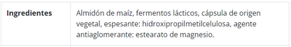 Especificación de ingredientes de Lactibiane Cnd 10M, 30 cápsulas, Ortomolecular Chile 