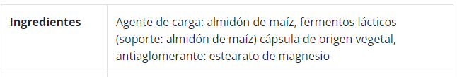 Especificación de ingredientes de Lactibiane Tolerance, 30 cápsulas, Ortomolecular Chile 