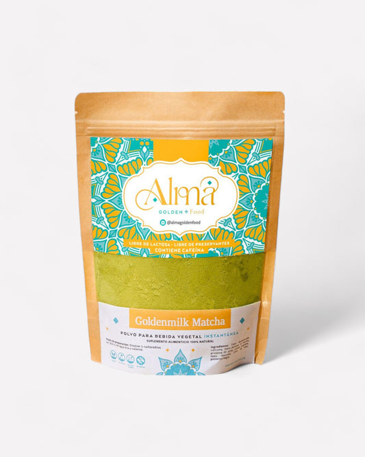 doypack de goldenmilk matcha marca alma, polvo para bebida vegetal instantanea. 
Ortomolecular chile