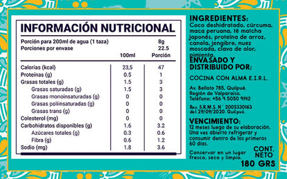 Información nutricional detallada de goldenmilk matcha de la marca alma, en ortomolecular chile