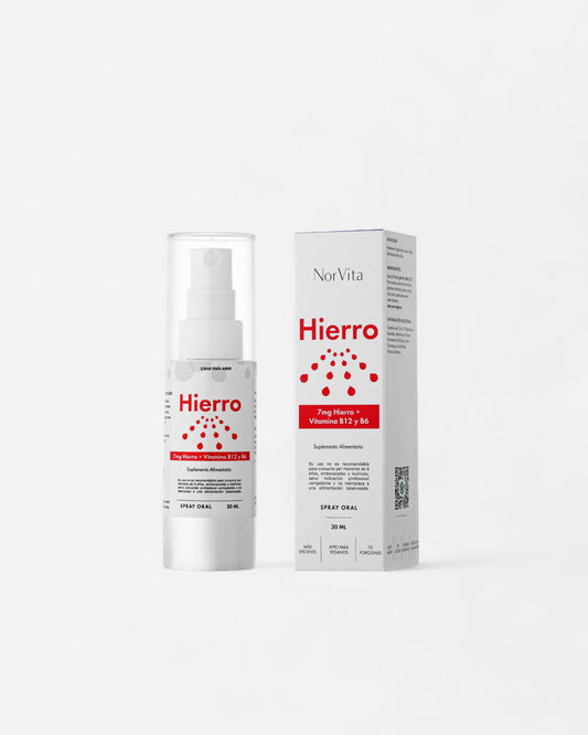 Hierro de 7mg más vitamina b12 y vitamina b6 en formato spray de la marca Norvita que proviene de Estonia