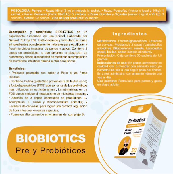 Información Biobiotics, probióticos para perros y gatos, con descripción y beneficios del producto, posología e ingredientes, Ortomolecular Chile