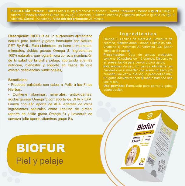 Información Biofur perros y gatos, descripción, beneficios, posología e ingredientes del producto, Ortomolecular Chile