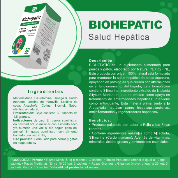 Información Biohepatic perros y gatos, descripción, beneficios, ingredientes y posología, Ortomolecular Chile