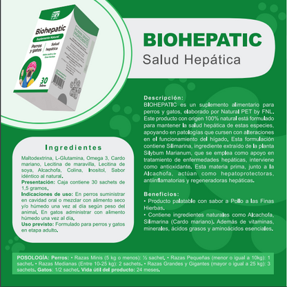 Información Biohepatic perros y gatos, descripción, beneficios, ingredientes y posología, Ortomolecular Chile