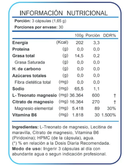 Información nutricional L-Treonato de magnesio, 90 cápsulas, con especificación de ingredientes, Ortomolecular Chile 