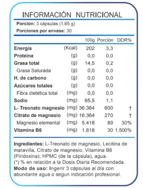 Información nutricional L-Treonato de magnesio, 90 cápsulas, con especificación de ingredientes, Ortomolecular Chile 