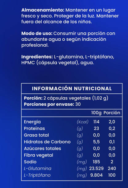 Información nutricional L-Triptófano + Glutamina, para aumentar serotonina y melatonina para un mejor descanso, Ortomolecular Chile