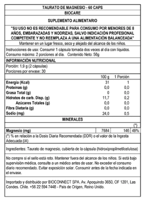 Información mutricional de Taurato de magnesio, 60 cápsulas, con especificación de ingredientes, Ortomolecular Chile 
