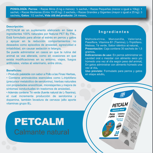 Información Petcalm calmante natural, perros y gatos, con descripción, beneficios, ingredientes y posología del producto, Ortomolecular Chile