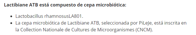 Información composición Lactibiane ATB, 10 cápsulas, Ortomolecular Chile 