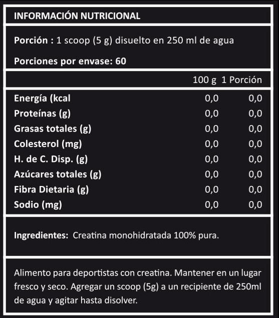 Información nutricional de Creatina Monohidratada en polvo, 300 gramos, Ortomolecular Chile