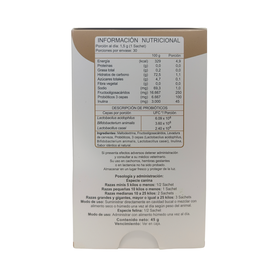 Reverso de caja de Biobiotics, probióticos para perros y gatos, con información nutricional y especificación de ingredientes, Ortomolecular Chile