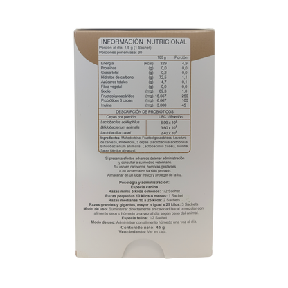 Reverso de caja de Biobiotics, probióticos para perros y gatos, con información nutricional y especificación de ingredientes, Ortomolecular Chile