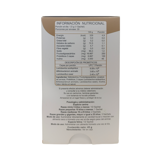 Reverso de caja de Biobiotics, probióticos para perros y gatos, con información nutricional y especificación de ingredientes, Ortomolecular Chile