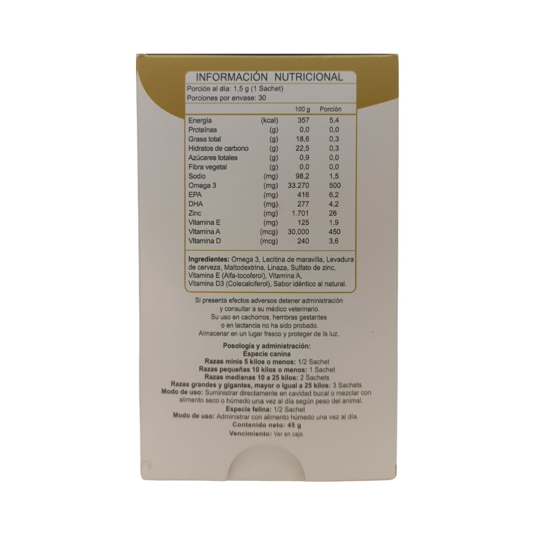 Reverso de caja de Biofur perros y gatos, con información nutricional y especificación de ingredientes, posología y precauciones, Ortomolecular Chile 