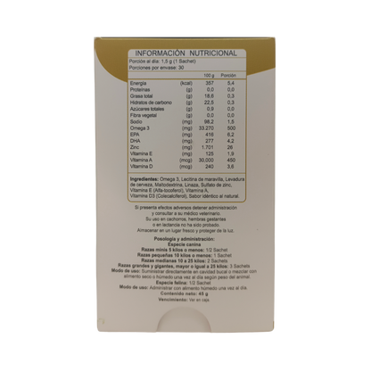 Reverso de caja de Biofur perros y gatos, con información nutricional y especificación de ingredientes, posología y precauciones, Ortomolecular Chile 