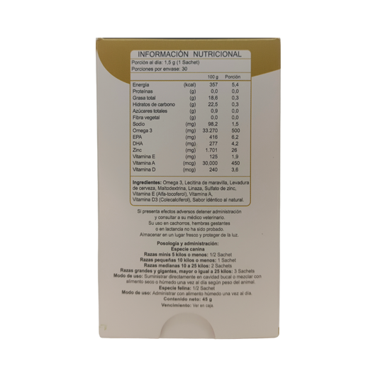 Reverso de caja de Biofur perros y gatos, con información nutricional y especificación de ingredientes, posología y precauciones, Ortomolecular Chile 