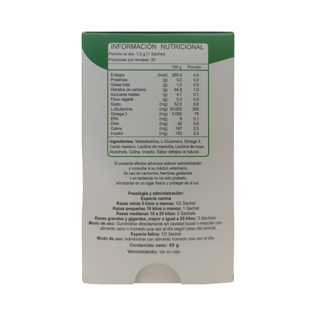 Reverso de caja Biohepatic perros y gatos con información nutricional, especificación de ingredientes, posología y precauciones, Ortomolecular Chile 