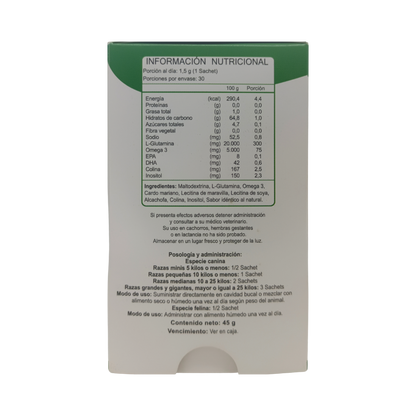 Reverso de caja Biohepatic perros y gatos con información nutricional, especificación de ingredientes, posología y precauciones, Ortomolecular Chile 