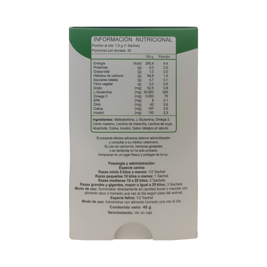 Reverso de caja Biohepatic perros y gatos con información nutricional, especificación de ingredientes, posología y precauciones, Ortomolecular Chile 