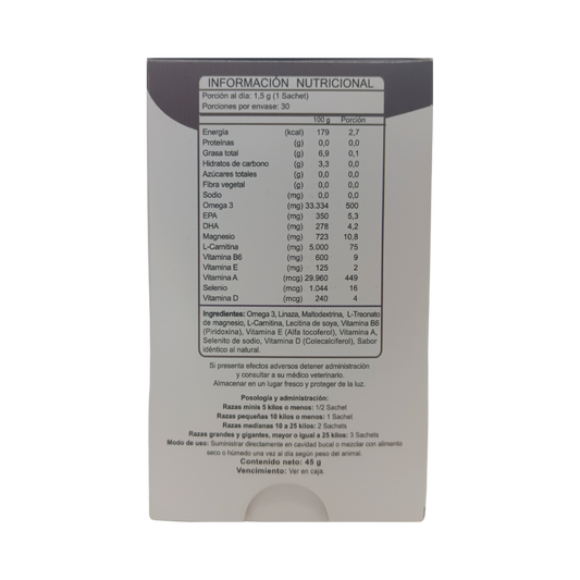 Reverso de caja Biosenior perros adultos, con información nutricional, especificación de ingredientes, posología y precauciones, Ortomolecular Chile 